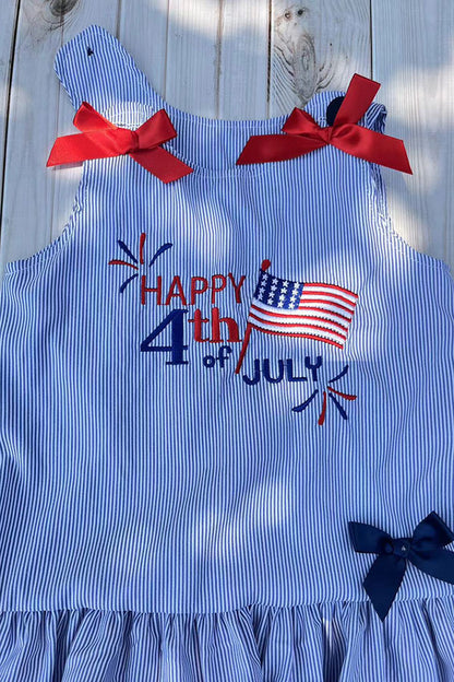 Girls dress wholesale HAPPY 4th july & AMERICAN flag embroidery & blue stripes DLH2874