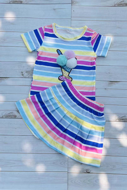 Wholesale multi color striped top & pompoms & skirt 2pcs girls sets DLH2872