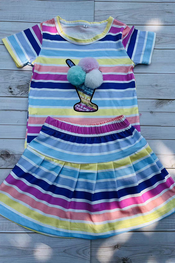 Wholesale multi color striped top & pompoms & skirt 2pcs girls sets DLH2872