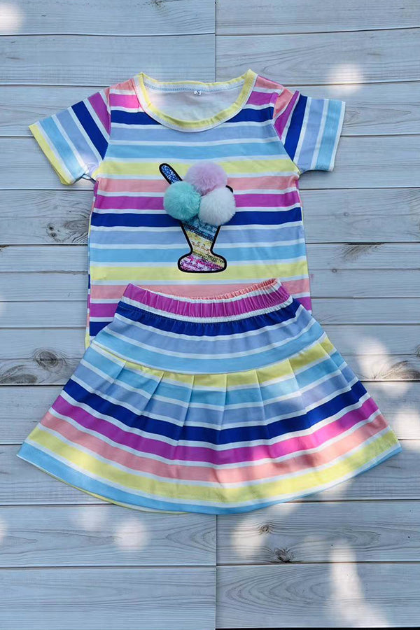 Wholesale multi color striped top & pompoms & skirt 2pcs girls sets DLH2872