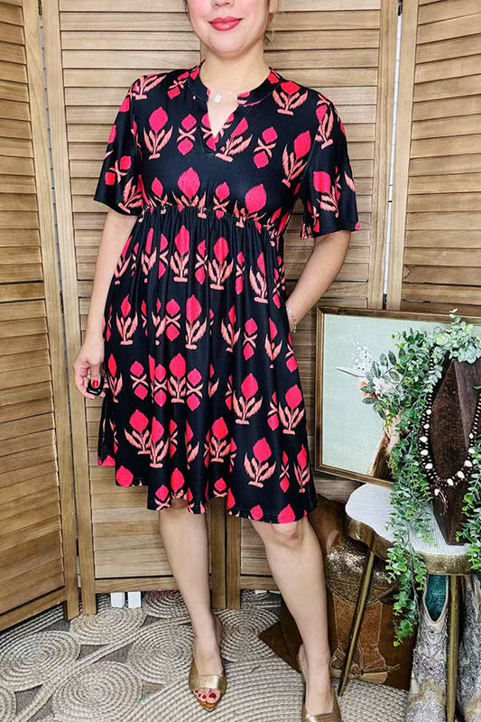 Women dress wholesale Fuchsia patterns printed & short sleeves GJQ16149