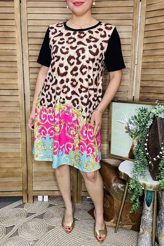 Western laides dress wholesale Leopard & Paisley printed with black short sleeves XCH13791