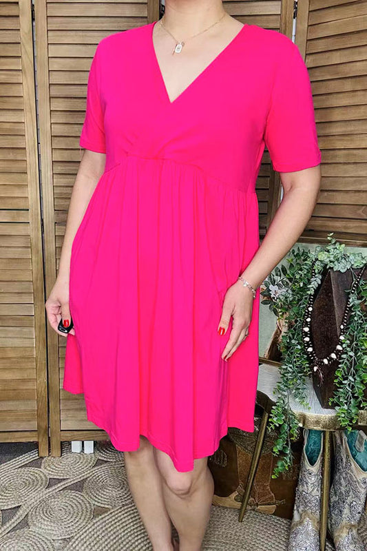 Women dress wholesale Hot pink with short sleeves and v-neckline GJQ14589-1