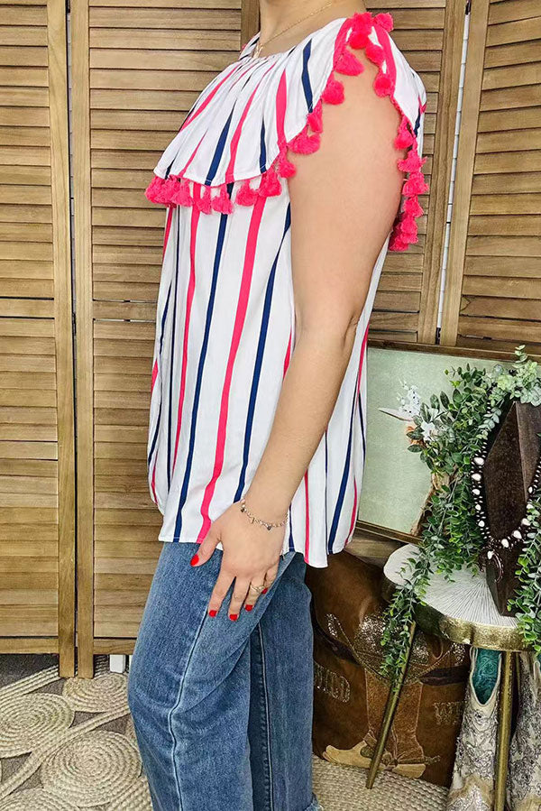 Women clothing wholesale 4th July Stripe printed off shoulder women tops with pompoms BQ13343 IS9