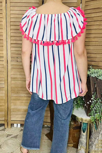Women clothing wholesale 4th July Stripe printed off shoulder women tops with pompoms BQ13343 IS9