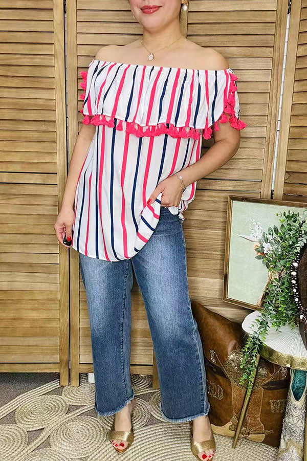 Women clothing wholesale 4th July Stripe printed off shoulder women tops with pompoms BQ13343 IS9