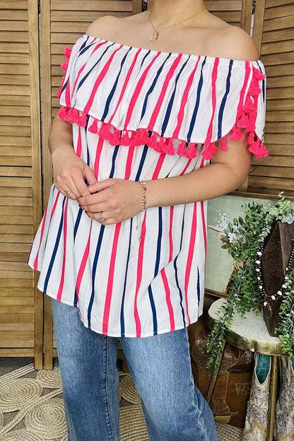 Women clothing wholesale 4th July Stripe printed off shoulder women tops with pompoms BQ13343 IS9
