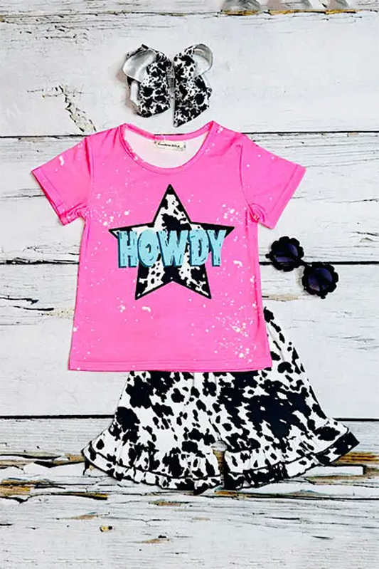Girls clothing wholesale "HOWDY" pink w/cow print short sleeve 2pc set X0777-9H