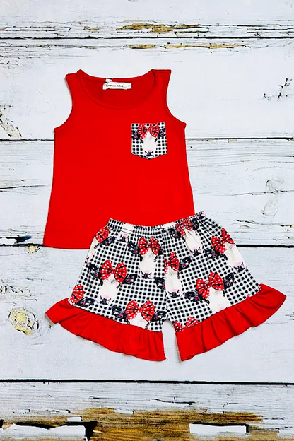 Girls clothes wholesale Red cow & white/black plaid printed 2pcgirl set X777-34