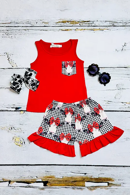 Girls clothes wholesale Red cow & white/black plaid printed 2pcgirl set X777-34