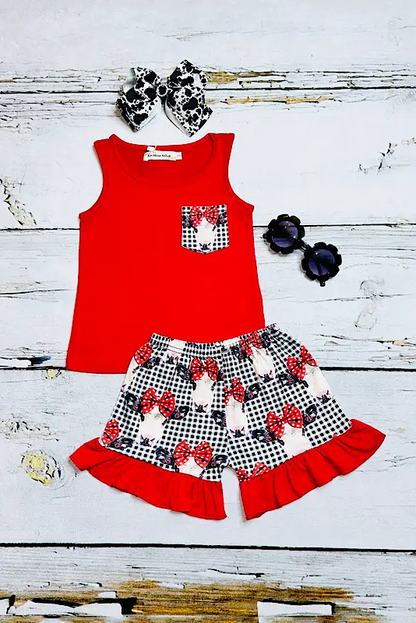 Girls clothes wholesale Red cow & white/black plaid printed 2pcgirl set X777-34