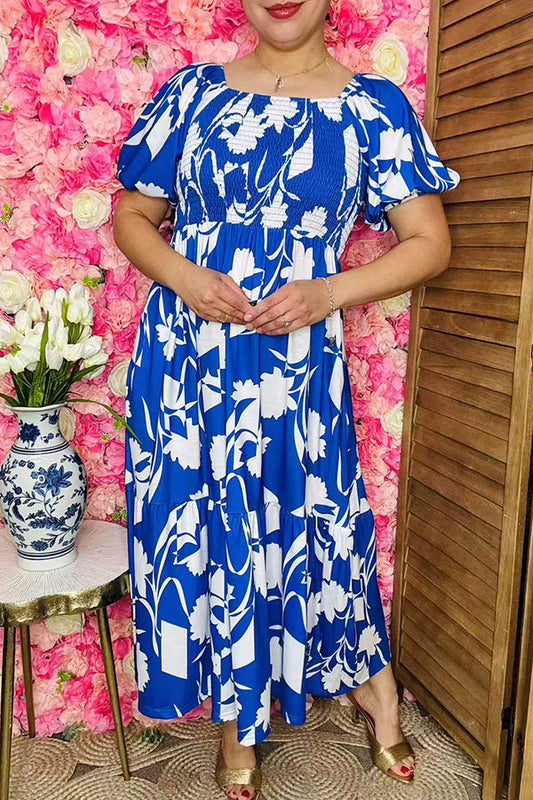 Shop maxi dress Blue/white floral printed elastic thread front w/puff short sleeves BQ16224