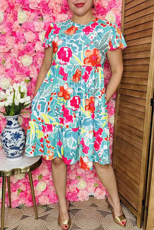 Wholesale Floral printed turquoise flutter short sleeve women dress GJQ16165