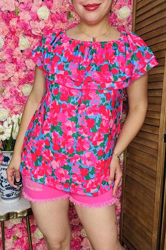 Shop women's blouse Floral printed & off shoulder & double ruffles GJQ16271