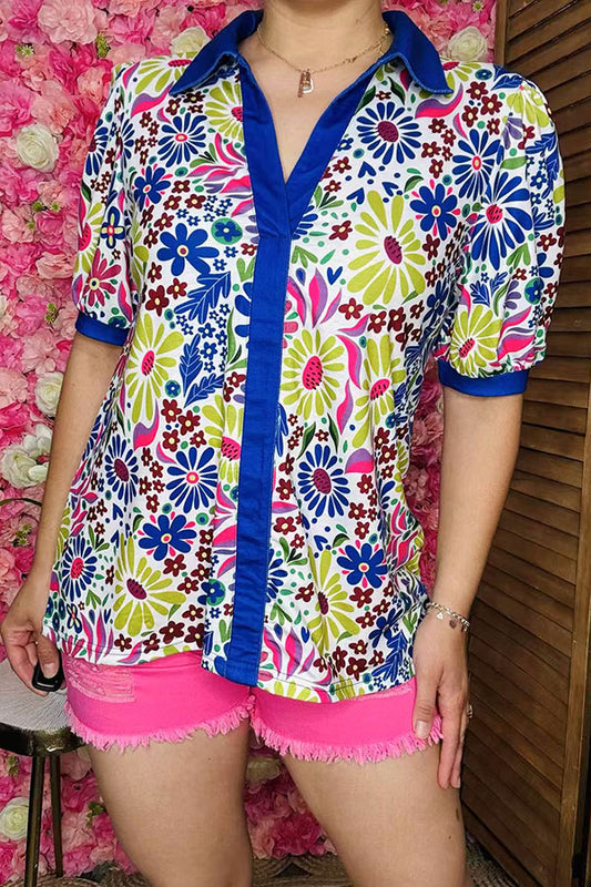 Women blouse wholesale Floral prints blue puff short sleeves women top BQ16267