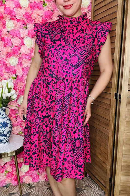 Black paisley printed short sleeve w/ruffle women dress BQ15997