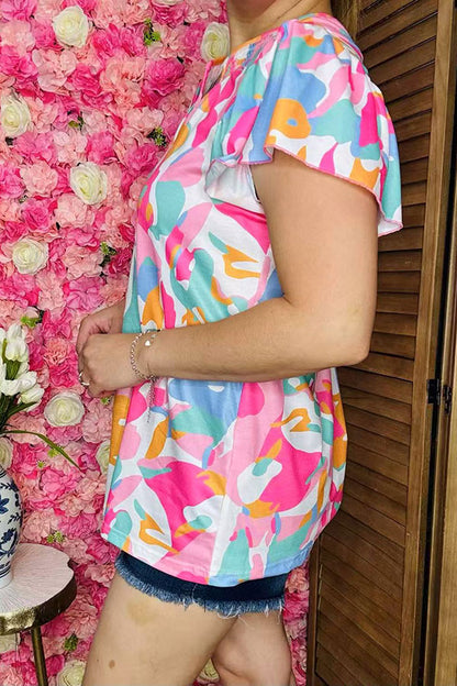 Multi color prints & ruffle short sleeve & featured collar GJQ16040