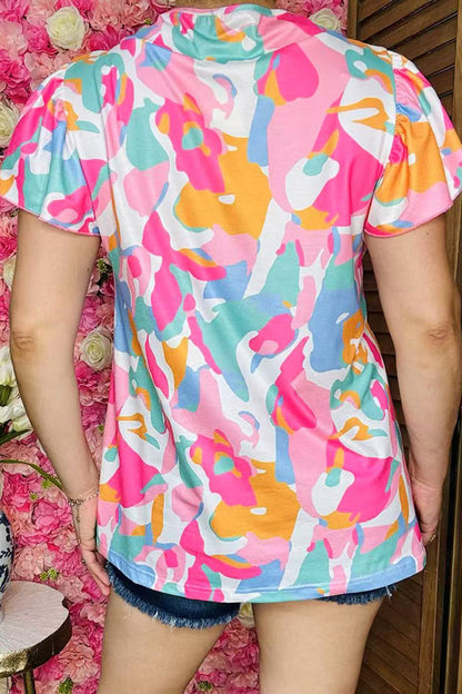 Multi color prints & ruffle short sleeve & featured collar GJQ16040