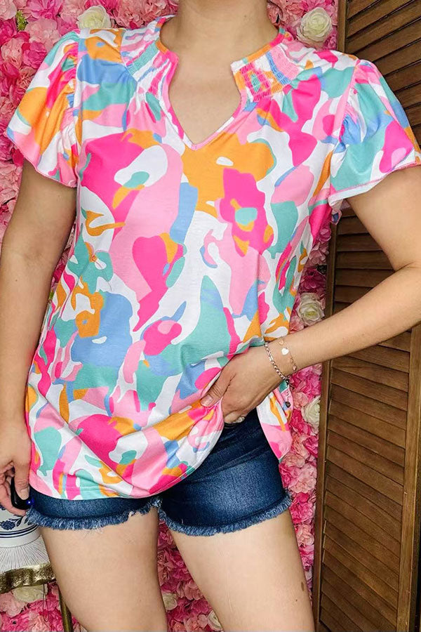 Multi color prints & ruffle short sleeve & featured collar GJQ16040