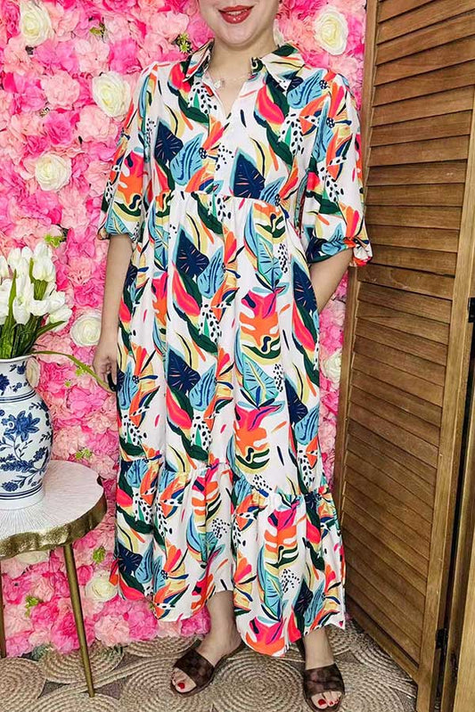 Wholesale Multi color leaves printed puff sleeves women's maxi dress XCH16247