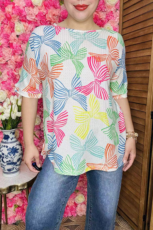 Multi color bows printed knitted fabric short sleeve women blouse XCH16202