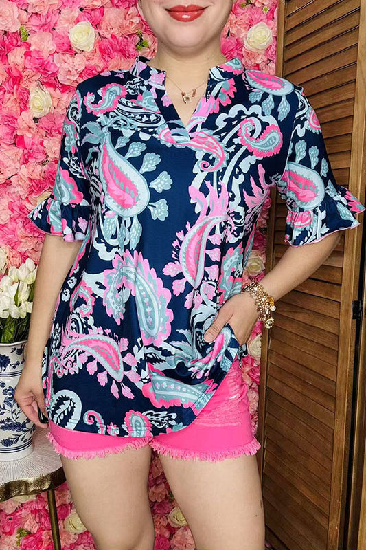 Paisley printed short sleeve w/ruffle V-necklace navy women tops GJQ15885