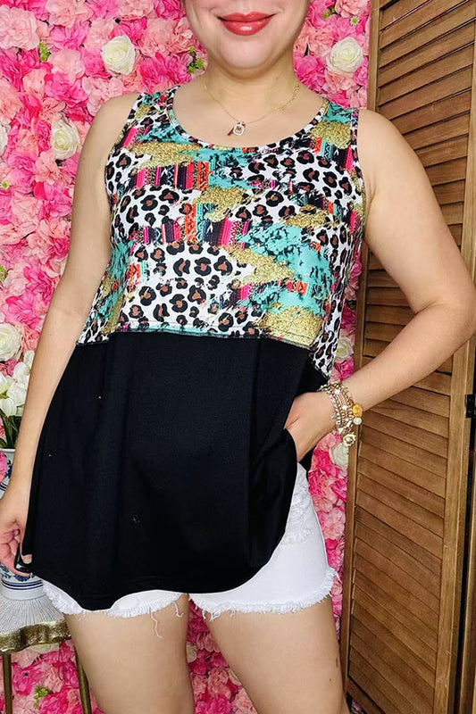 Leopard & multi color serape black color block tank top XCH12423