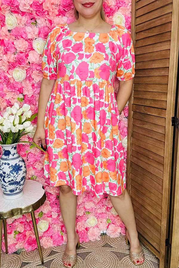 Boutique clothing suppliers pink & orange flower printed square collar women dress GJQ16155