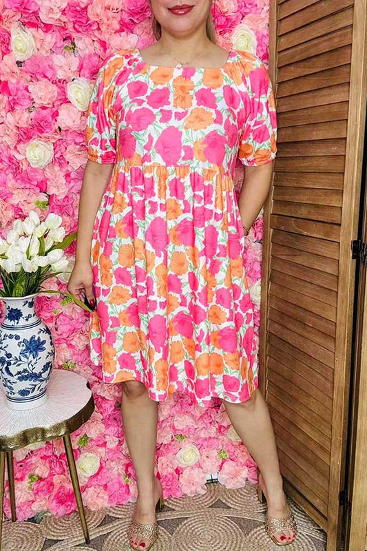 Boutique clothing suppliers pink & orange flower printed square collar women dress GJQ16155
