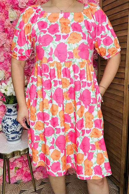 Boutique clothing suppliers pink & orange flower printed square collar women dress GJQ16155