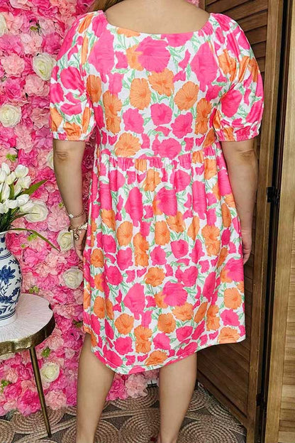 Boutique clothing suppliers pink & orange flower printed square collar women dress GJQ16155