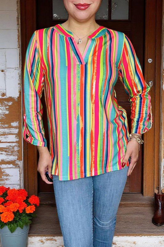 Wholesale multi color serape printed long sleeve women's blouse w/v-neckline BQ16177