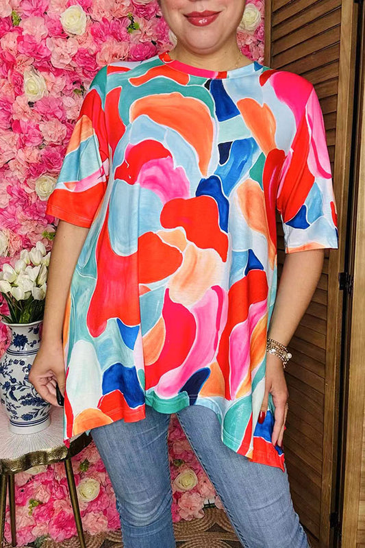 Wholesale women's blouse w/Abstract Print high low style & short sleeves GJQ16290