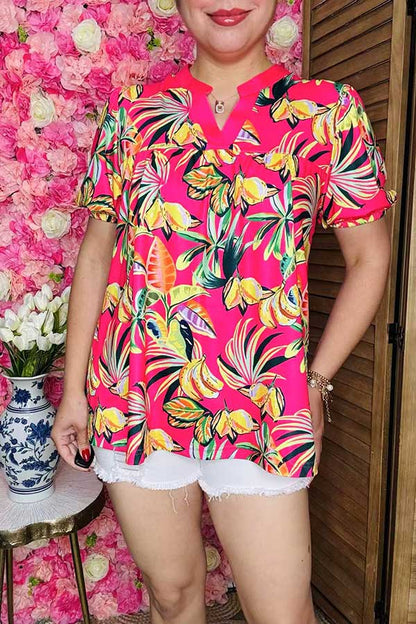 Trendy tropical patterns printed puff short sleeve women's boutique top GJQ16237