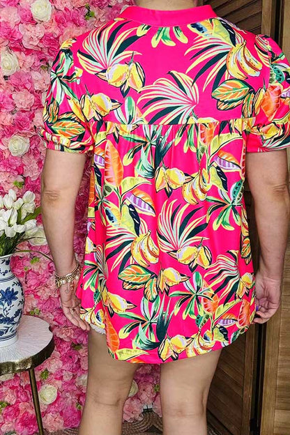 Trendy tropical patterns printed puff short sleeve women's boutique top GJQ16237