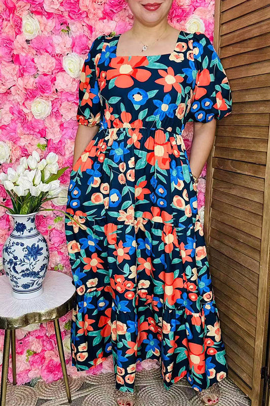 Wholesale maxi dress floral printed short sleeve & square collar women dress BQ16258