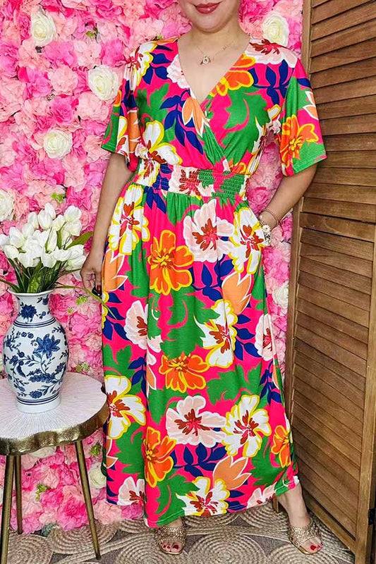 Wholesale women maxi dress w/multi color flowers printed short sleeves & v-neckline PA2406