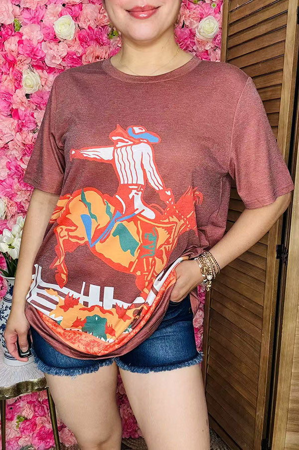 Wholesale Cowboy riding horse printed short sleeve women top XCH13562