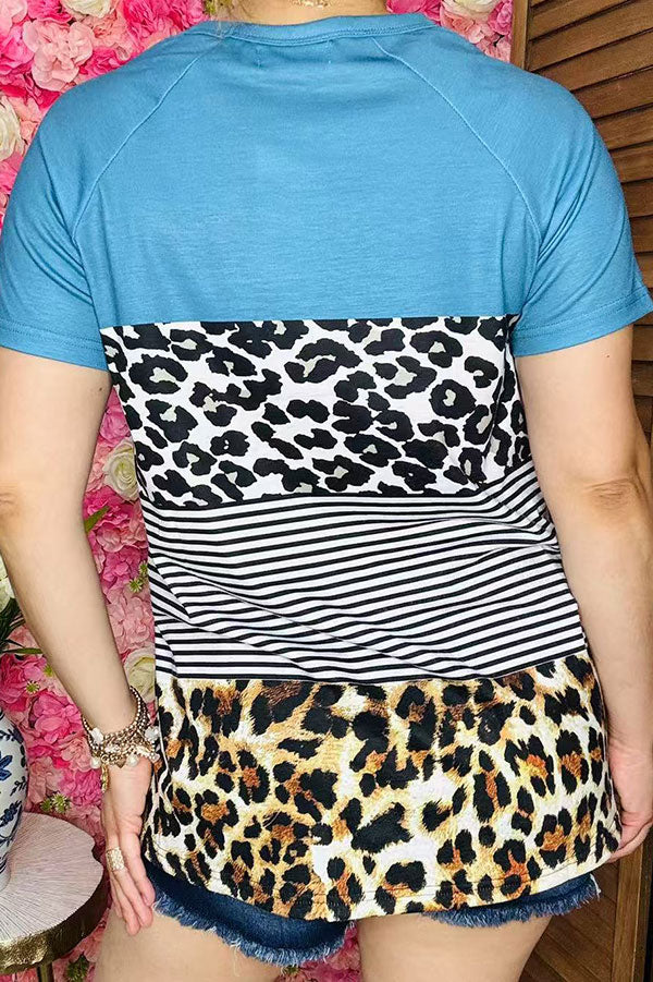 Wholesale leopard, floral & striped multi color blue printed short sleeve top XCH10859