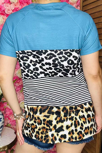 Wholesale leopard, floral & striped multi color blue printed short sleeve top XCH10859