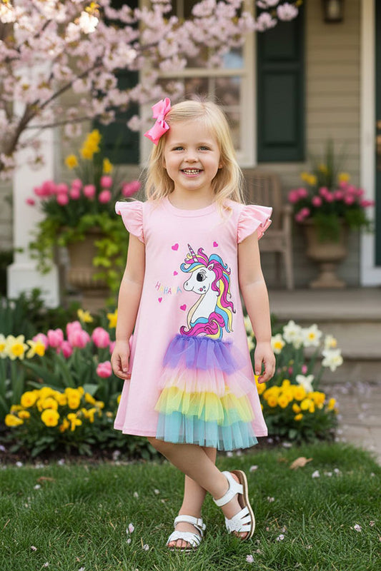 Pink unicorn printed flutter short sleeve girsl dress with chiffon ruffle DLH2881