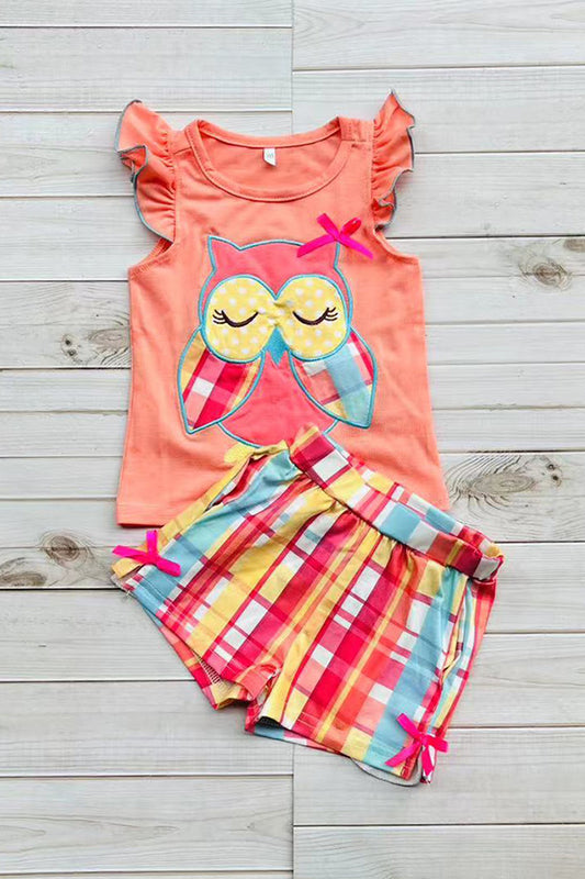 Plaid owl embroidery coral top shorts 2pcs girls outfit sets D2883