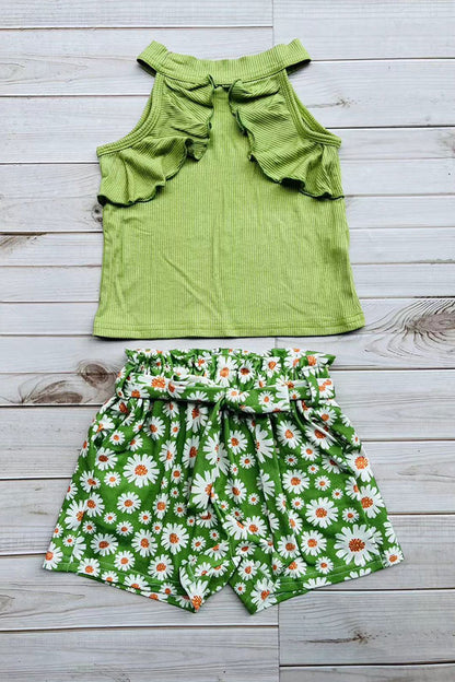 Wholesale Green ribbed knitted fabric halter top & floral printed shorts 3pcs girls sets D2880