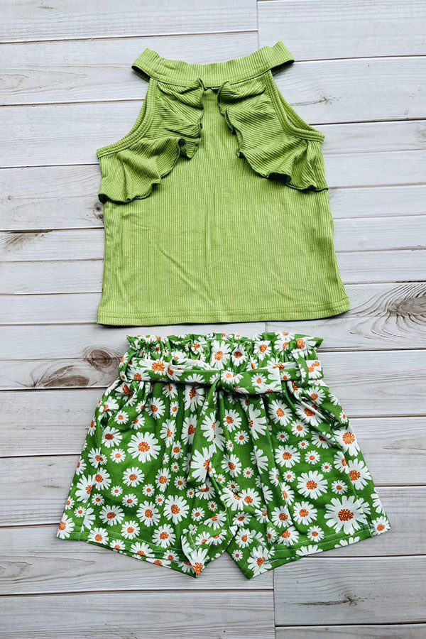 Wholesale Green ribbed knitted fabric halter top & floral printed shorts 3pcs girls sets D2880