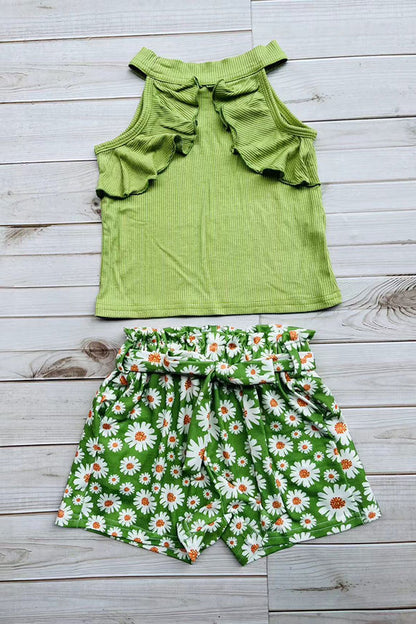 Wholesale Green ribbed knitted fabric halter top & floral printed shorts 3pcs girls sets D2880