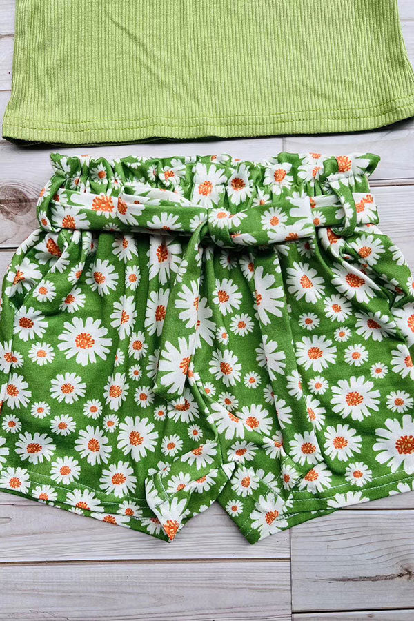 Wholesale Green ribbed knitted fabric halter top & floral printed shorts 3pcs girls sets D2880