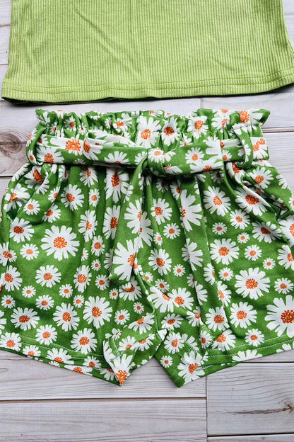 Wholesale Green ribbed knitted fabric halter top & floral printed shorts 3pcs girls sets D2880
