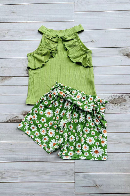 Wholesale Green ribbed knitted fabric halter top & floral printed shorts 3pcs girls sets D2880
