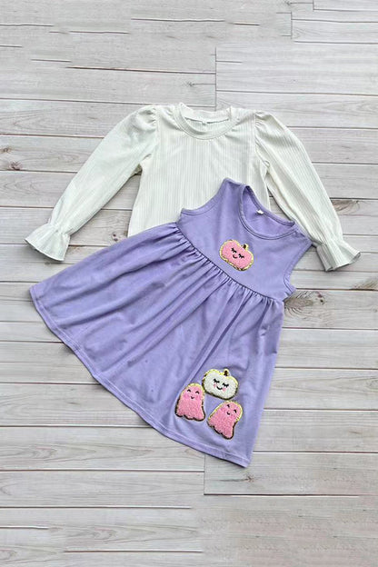 White top & purple pumpkin dress girls sets DLH2841