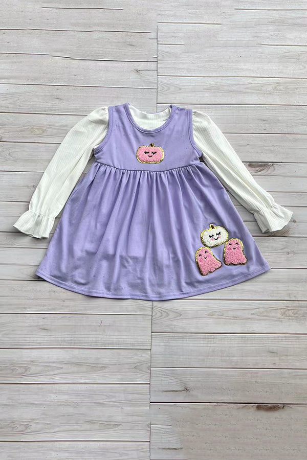 White top & purple pumpkin dress girls sets DLH2841